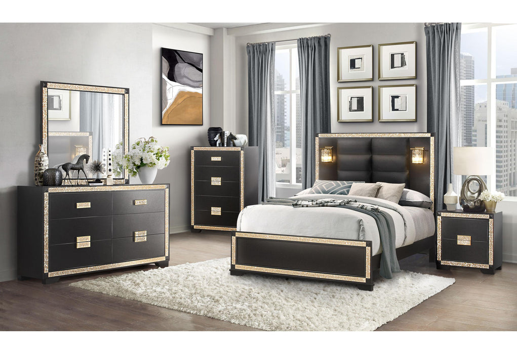 BLAKE BLACK/GOLD KING BED WITH LAMPS, DRESSER, MIRROR, NIGHTSTAND