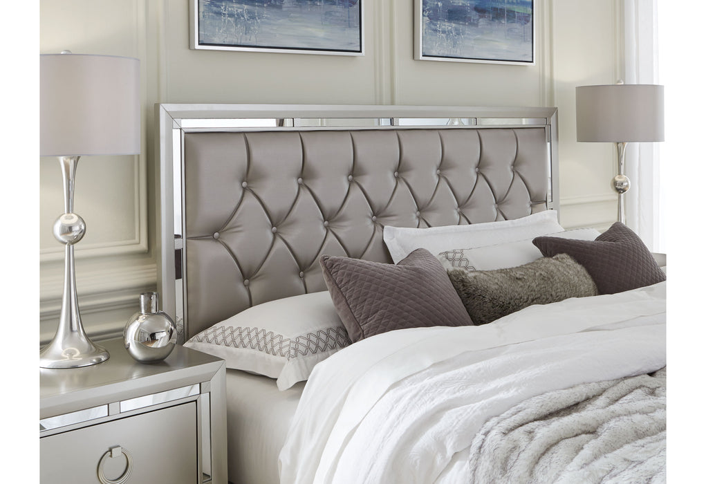 RILEY SILVER KING BED, DRESSER, MIRROR, 2 NIGHTSTANDS AND CHEST